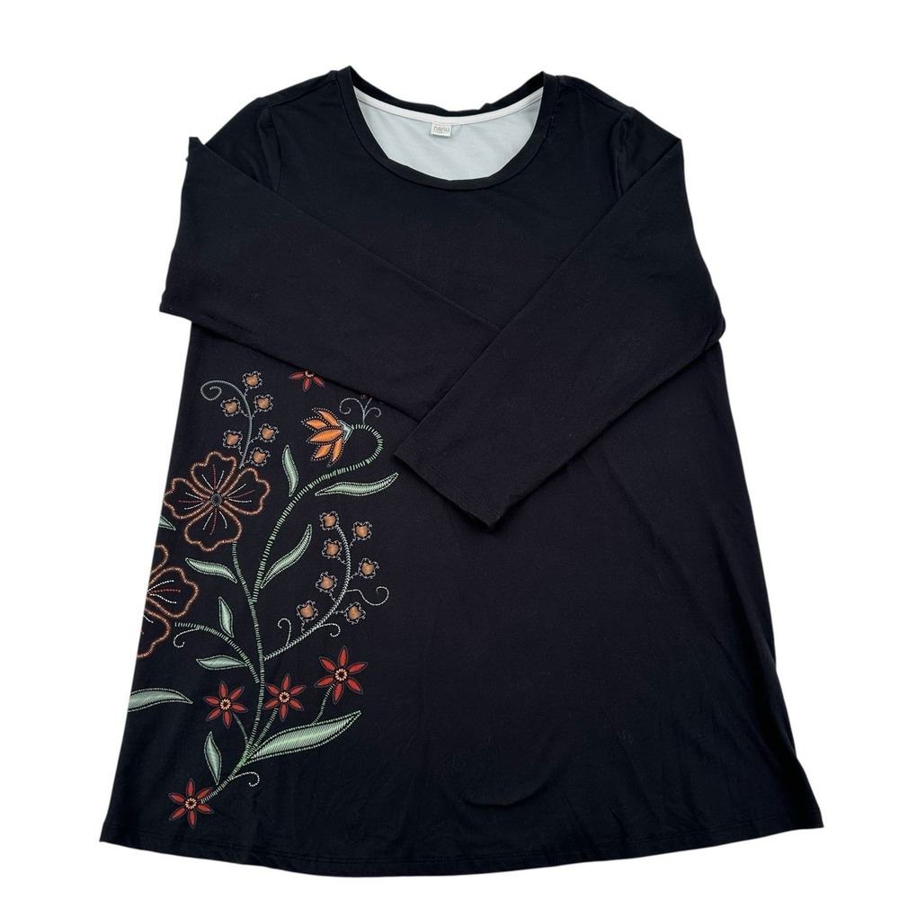 Nanu Sun Block Black Floral Embroidered Long Sleeve Tunic Top Shirt Women 1X
